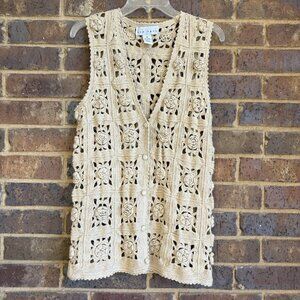VTG Beige Ecru Crochet Granny Square Vest Rosettes Covered Buttons Size L